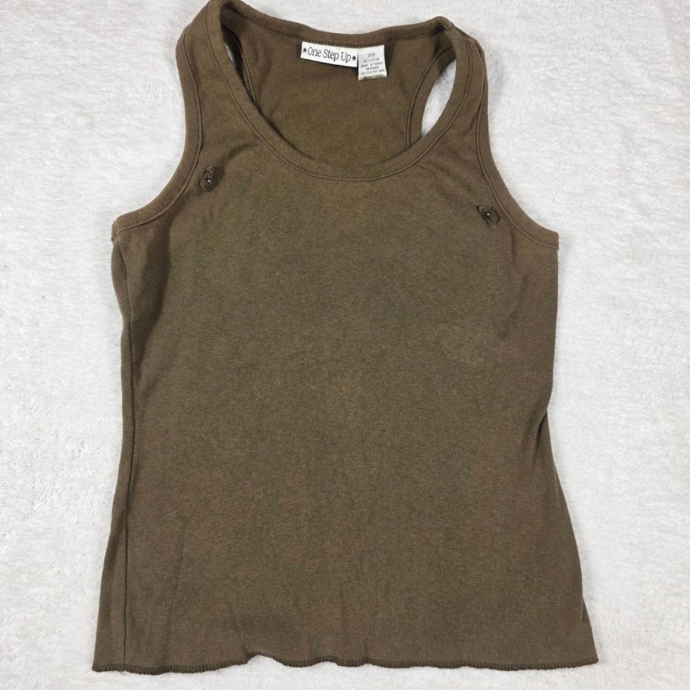 One Step Up Tank Top Womens Large Brown Good Snap Detail Racerback‎ Cotton Basic